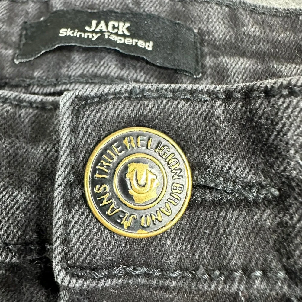 True Religion JACK Mens‎ Size 33 Skinny Tapered Distressed Black No Flap Jeans